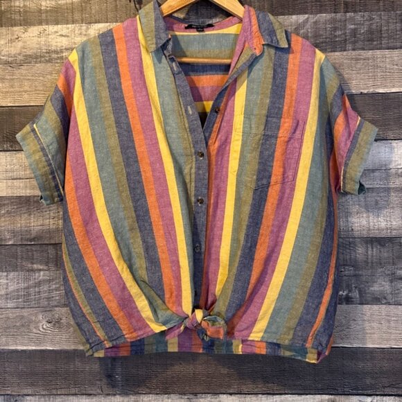 Madewell Striped Linen Short Sleeve Tie Front Shirt S Fall Rainbow Stripe - Picture 2 of 6